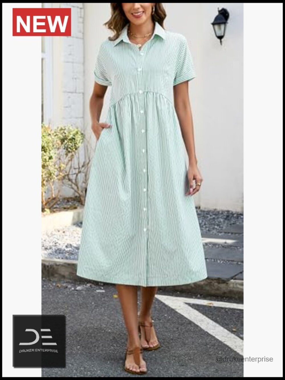 Striped Midi Shirt Dress Short Sleeve Button Down Side Slit Casual Beach - Picture 2 of 7